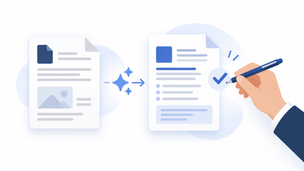 Illustratie van een document en een AI-concept dat door een professional wordt gecontroleerd.