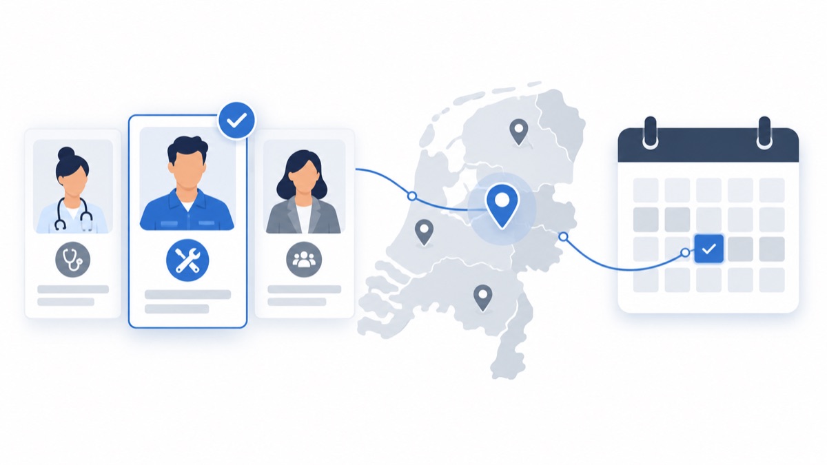 Illustratie van professionals, locaties en beschikbare momenten die bij elkaar worden gezocht.